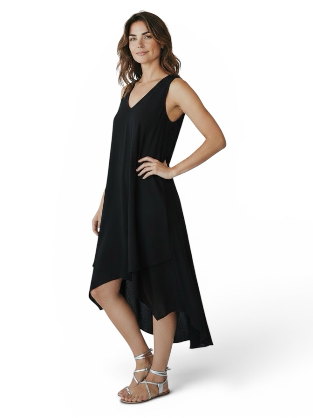 Karen Kane Crossover Black Flowy Asymmetrical Flowy Maxi Sleeveless Dress, L